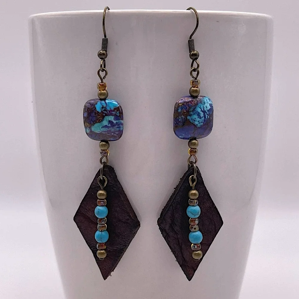 Leather Gemstone Dangle Earrings Bronze Infused Turquoise Picasso Antique Brass